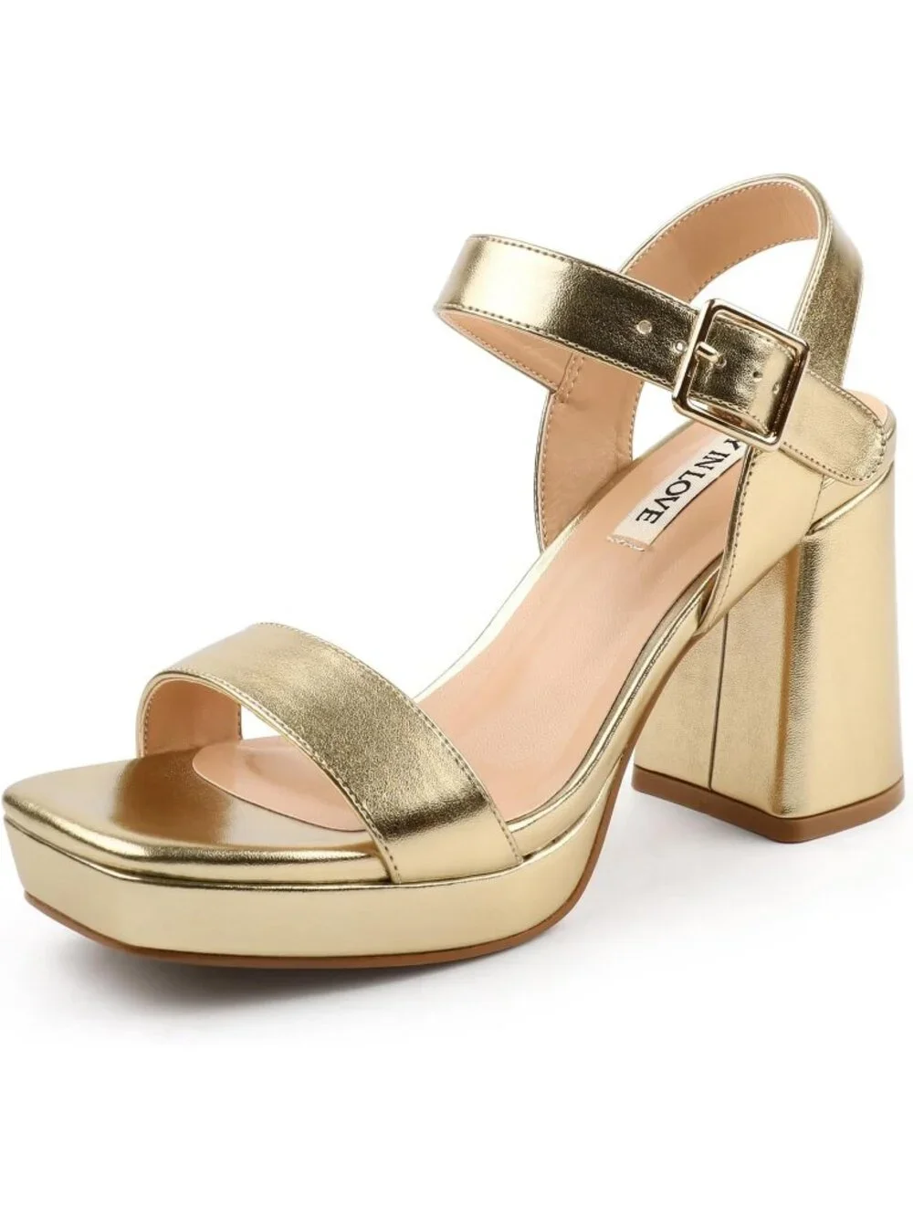 Women's Gold Square Open Toe Adjustable Ankle Strap Chunky Block Heel Sandals